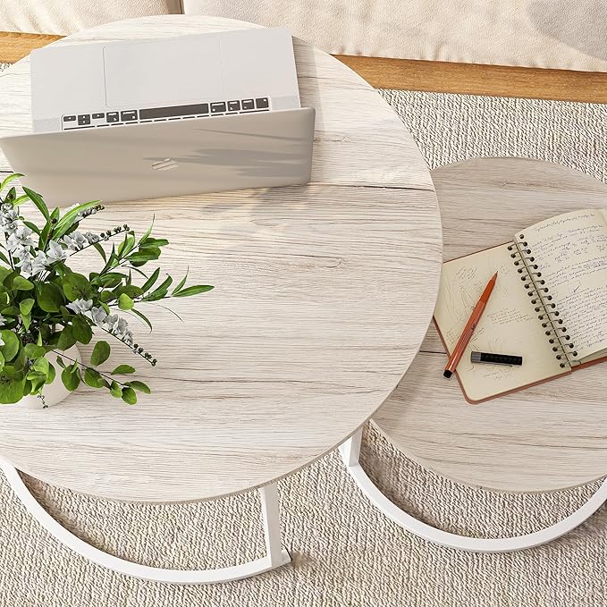 Round Coffee Table Set of 2 End Tables for Living Room,Modern White Coffee Table Nesting Tables,Living Room Tables Wood Furniture Metal Frame,Sturdy Stacking Side Tables,Easy Assembly,Oak
