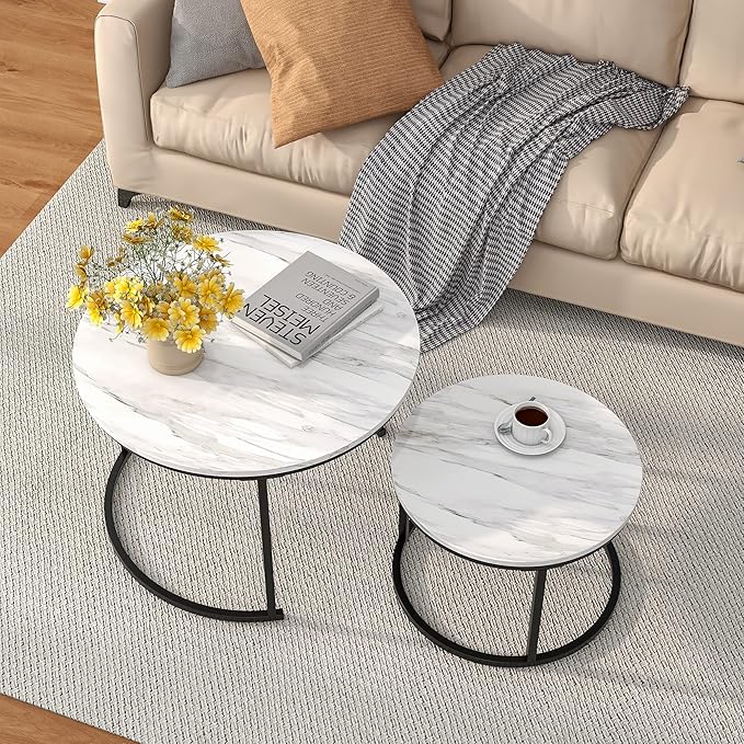 Nesting Round Coffee Table Set of 2 End Tables for Living Room,Circular and Marble Coffee Table Wooden Accent Furniture with Metal Frame,Stacking Side Tables,Black
