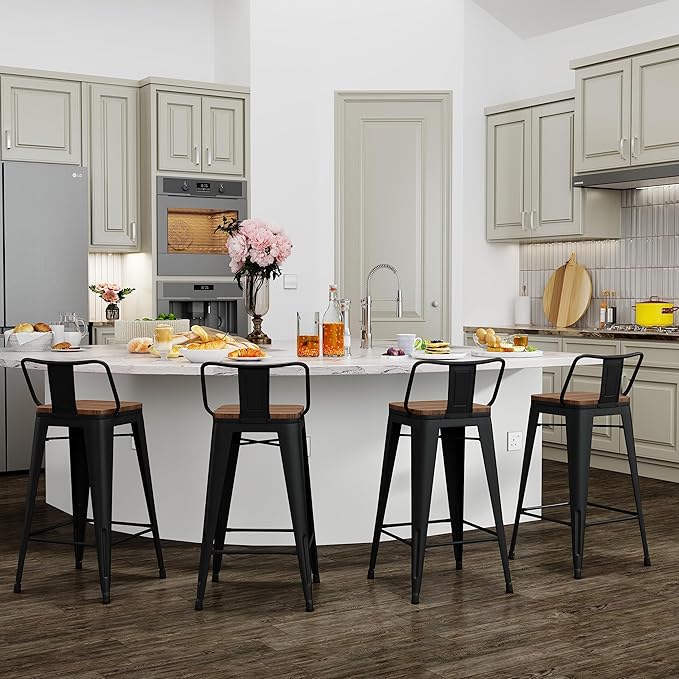 Yongchuang 30 inch Bar Stools Set of 4 Bar Height Metal Barstools with Wood Seat Low Back Kitchen Bar Chairs Matte Black