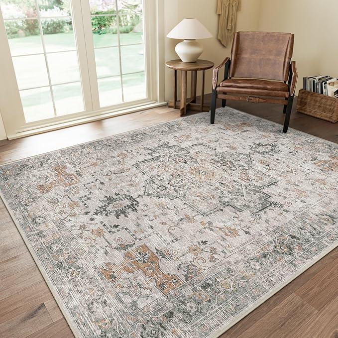 GENIMO 8x10 Area Rugs for Living Room, Machine Washable Non Slip Vintage Rugs, Low Pile Lightweight Chenille Print Rug for Bedroom, Dining Room, Home Office, Light Taupe Brown