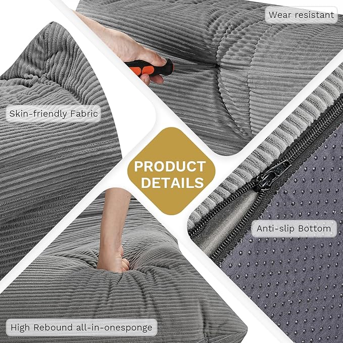 Bean Bag Chairs for Adults, Memory Foam Couch Sofa Chair,One-Piece Foam Padding,Cozy Corduroy Material Bean Bag Chair,Bean Bag Sofa for Reading in Bedroom Living Room and Dorms，Gray