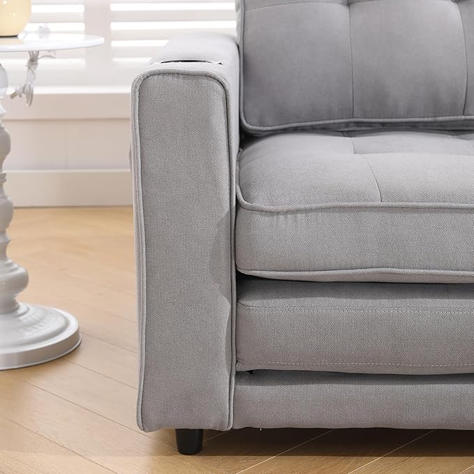 ERYE Modern Upholstered Loveseat Sofa Foldable Convertible Floor Sofabed W/Cupholders and Pockets, 3 Fold Tufted Futon Lounge Sofa with Pull Out Sleeper Couch Bed for Living Room Bedroom Studio