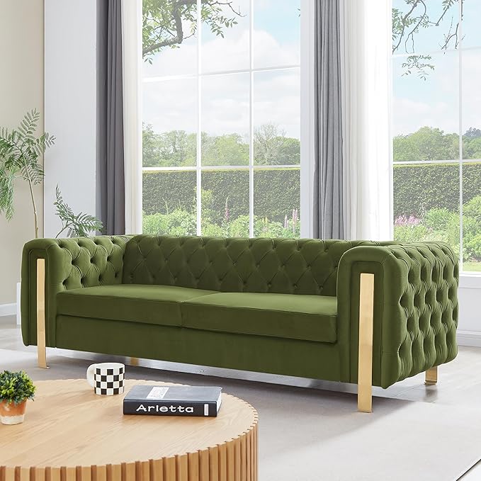 Merax Comfy 3-seat Sofa with Tufted Back and Arm and Gold Iron Legs, Modern Couch for Living Room, Bedroom, Apartment, Office, Green