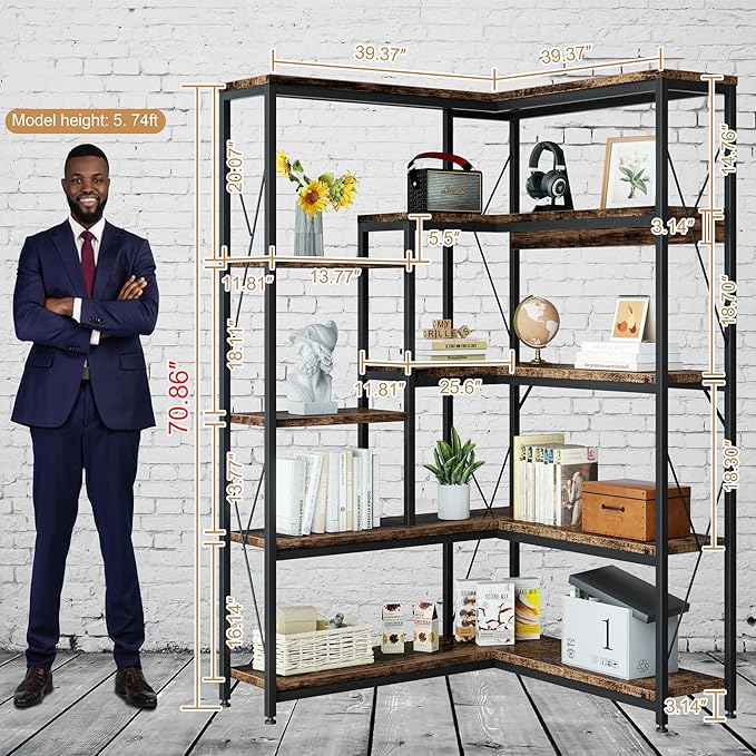 Shintenchi 5 Tiers Corner Bookshelf, 70.86" Tall L-Shaped Bookcase, Large Corner Etagere Bookcase, Corner Shelf Display Storage Rack with Metal Frame for Living Room Home Office, Rustic Brown