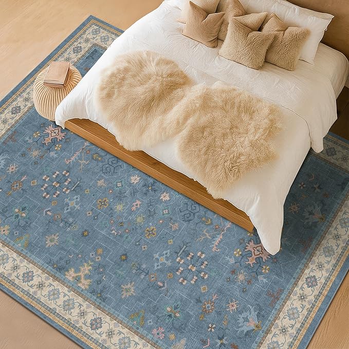 Boho 9x12 Soft Rugs for Living Room - Dark Blue Rugs for Bedroom Aesthetic, Dining Room Under Kitchen Table, Washable Soft Non Slip Large Area Eclectic Unique Décor