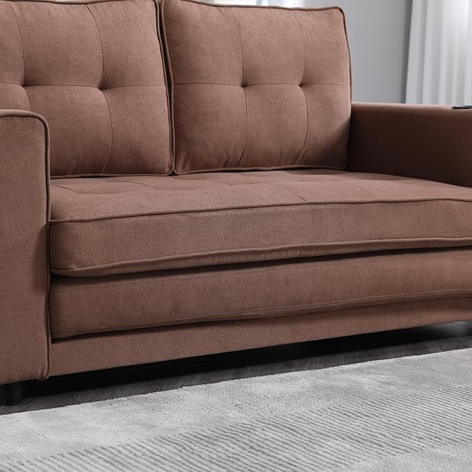 ERYE 3 Fold Tufted Upholstered Futon Sofa Bed Modern Convertible Foldable Floor Loveseat Sofabed with Pull Out Sleeper Couch Daybed W/Cupholders and Pockets for Living Room