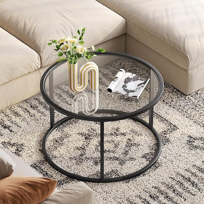 SAYGOER Round Coffee Table Glass Small Coffee Tables for Living Room, 27.6 inch Modern Center Table for Office Apartment, 5 MM Tempered Clear Glass Top, Black Metal Frame