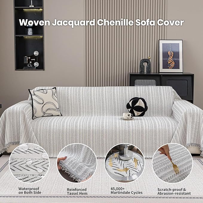 Nobildonna Sofa Cover Washable Soft Thicken Chenille Couch Cover with Tassel,Waterproof Sofa Slipcover for 2-3 Cushion Couch,Sectional Sofa,L-Shaped Furniture Protector Pet-Friendly,Beige 91"x118"