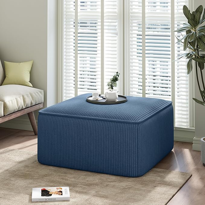 Christopher Knight Home Isa Corduroy Ottoman Footstool, Square Pouf Poufee Footrest Ottoman Large Seat, Modern Side Table for Living Room Bedroom Home Decor, Navy Blue, 30"