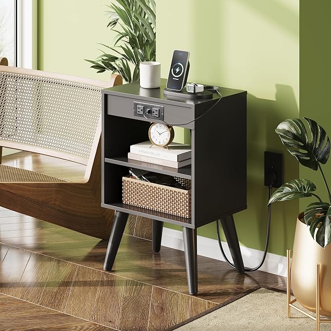 WLIVE Black Nightstand, Night Stand with Charger Station, Bedside Tables, Side Table with Storage Shelf, End Table with USB Ports and Outlets for Bedroom, 15.12" D x 11.73" W x 23.74" H