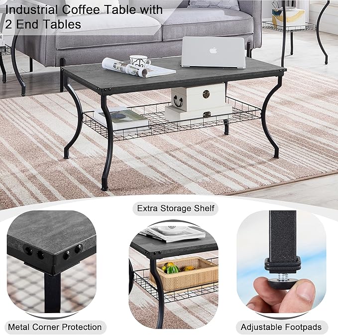 VECELO 3 Pieces Living Room Table Sets, Coffee and End Tables with Open Storage Shelves for Apartment, Home Office, Small Space, Easy Assembly, Dark Grey