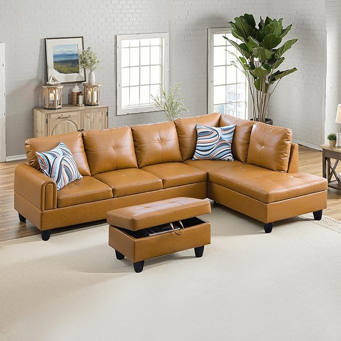 NicBex Sectional Couch 3 Pieces Sofa Set with Left Chaise Faux Leather L Shaped Cloud Couch for Living Room Furniture Sets with Storage Ottoman, Modular Sofa for Living Room & Apartment, Ginger Yellow