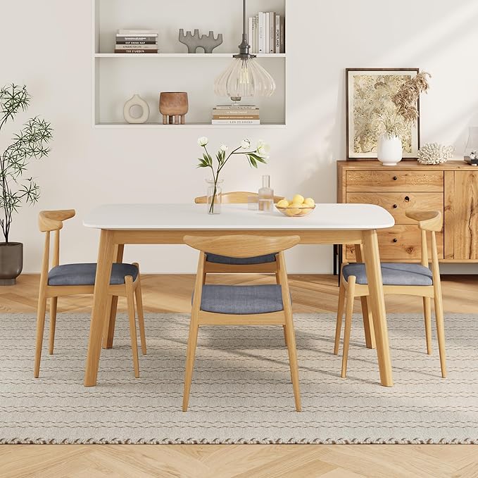 5-Piece Dining Set, Mid-Century Modern Solid Wood Table & Chair Set for 4, Kitchen, Dining Room, Restaurant, Natural Oak+Gray