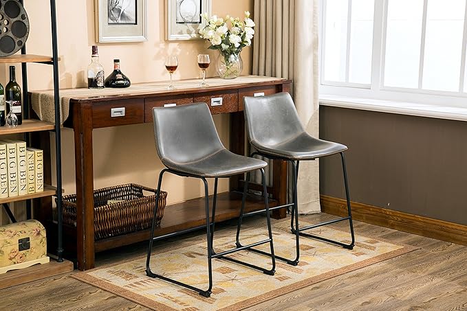 Roundhill Furniture Lotusville Vintage PU Leather Counter Height Stools, Antique Gray, Set of 2