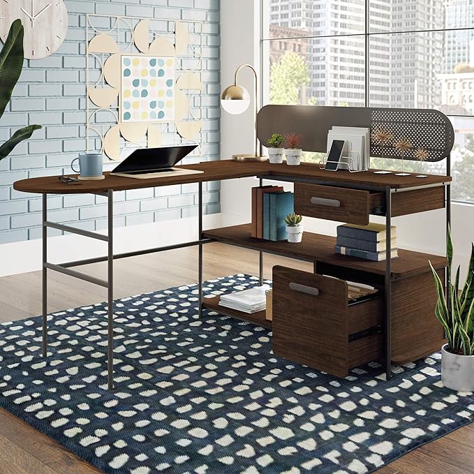 Sauder Radial Modern Metal and Wood L-Shaped Desk, Umber Wood Finish