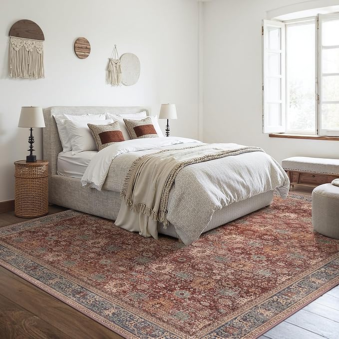 10X14 Area Rugs Machine Washable Rugs for Living Room, Vintage Boho Large Rugs for Bedroom Dining Room, Non Slip Indoor Soft Distressed Lightweight Thin Low Pile Carpet, Red Brown