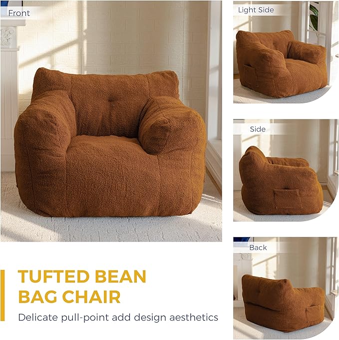 MAXYOYO Bean Bag Chair, Tufted Bean Bag Sofa with Boucle Fabric, Comfy Lazy Chair with Filler, Living Room Sofa for Adults Teens, Accent Couch for Bedroom Dorm, Coffee