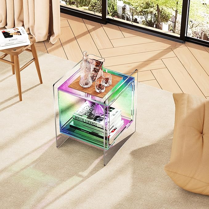 Acrylic Nightstand Colorful Bedside Table with Open Storage Shelf,Clear Side Table for Living Room (1, Iridescent)