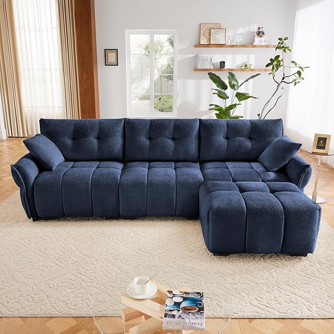 Modern Chenille Fabric 3-Seat Sofa w/Ottoman+2 Pillows, Premium Upholstery Living Room Couch with Tufted Backrest & Comfortable Armrests and High-Resilience Memory Foam Cushions,Blue