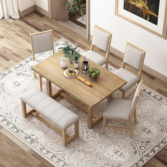 Merax Farmhouse Wood 6-Piece Dining Set, 59.6 inch Rectangular Table, 4 Upholstered Chairs and 1 Bench for Kitchen, Natural