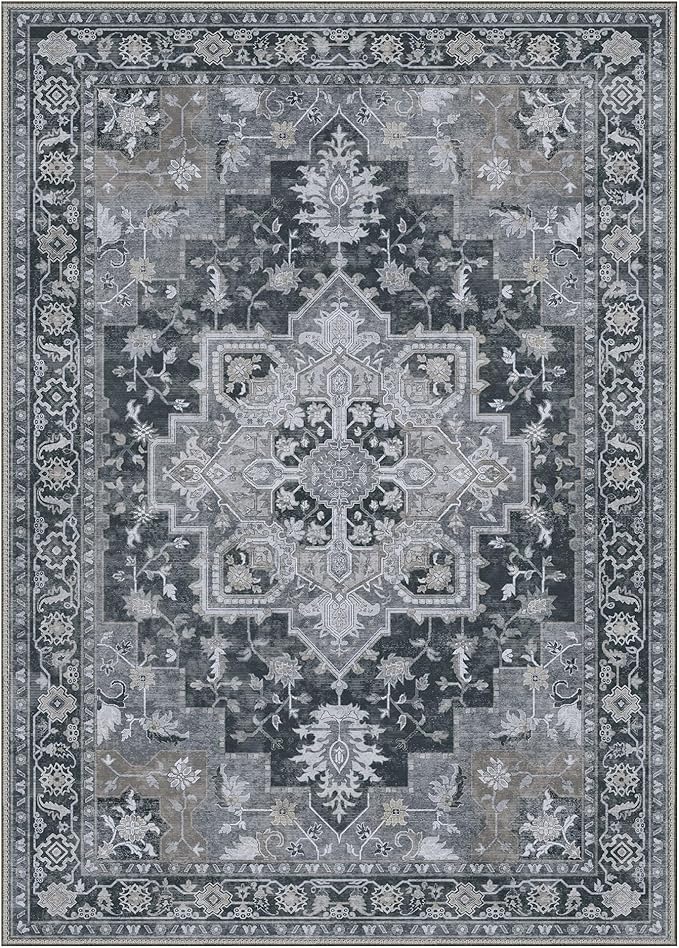 GENIMO 6x9 Area Rugs for Living Room, Machine Washable Non Slip Vintage Rugs, Low Pile Lightweight Chenille Print Rug for Bedroom, Dining Room, Home Office,Dark Gray
