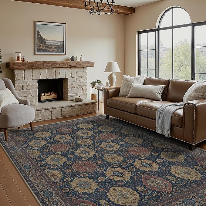 8X10 Area Rugs Machine Washable Rugs for Living Room, Vintage Boho Large Rugs for Bedroom Dining Room, Non Slip Indoor Soft Distressed Lightweight Thin Low Pile Carpet, Navy Tan