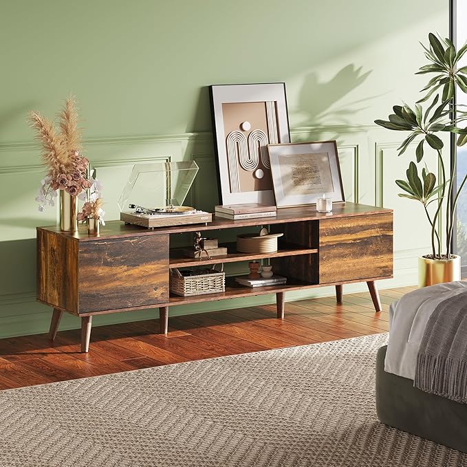 WLIVE TV Stand for 65 70 inch TV, Mid Century Modern TV Console, Entertainment Center with Storage for Living Room, Retro Brown