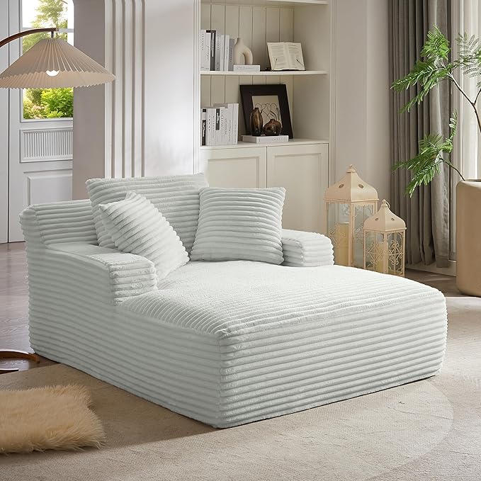 Oversized Chaise Daybed Lounge Sleeper Chair Sofa Full Foam Cloud Chaise Sofabed for Living Room,Luxury Plush Corduroy Upholstered Sleeper Couch Extra Wide Chair Bed W/3 Pillows for Home/Apartment