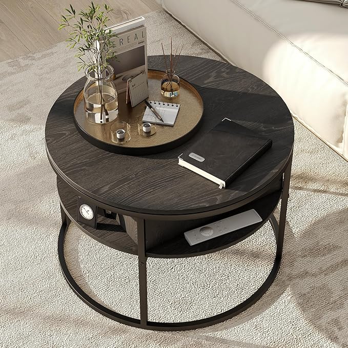 Round Lift Top Coffee Table,Coffee Tables Living Room,Black Coffee Table with Storage Hidden Compartment,Wood Farmhouse Coffee Table Decor,Center Table for Living Room,Modern Coffee Table