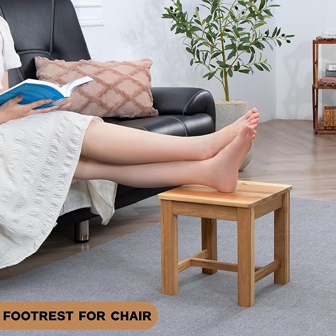 12 Inch Wooden Step Stool, Small Nature Beach Chair Under Desk, Indoor Acacia Wood Short Footstool for Living Room, Kitchen, Bathroom