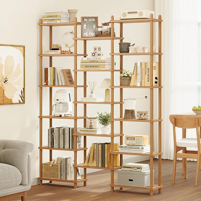IOTXY Wooden Triple Wide Bookshelf - 6-Tier Large Shelf Bookcase with Solid Beech Frame, Tall Freestanding Open Etagere Display Rack for Home Office, Oak