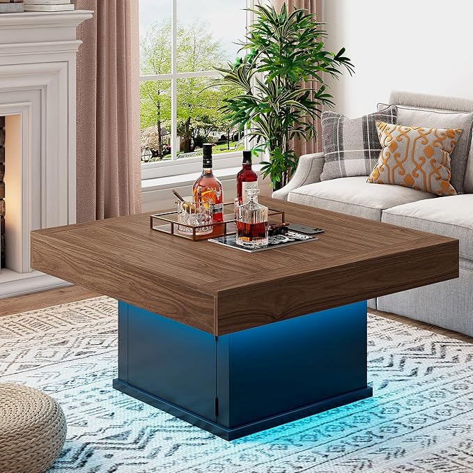 LED Coffee Tables for Living Room, Farmhouse Wood Coffee Table, 33.5" Square Coffee Table with Storage, Large Vintage Brown Center Table, Living Room Tables Cocktail Table (Vintage Brown)