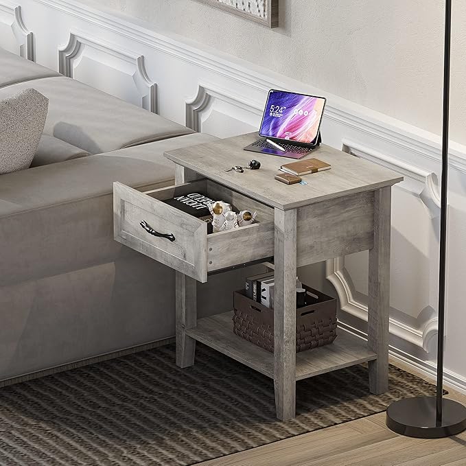 IDEALHOUSE Grey Nightstands Set of 2, End Table with Drawer, Side Table for Spaces, 2 Tiers Storage Shelves with Dresser, Bedside Table for Living Room, Bedroom, Dorm (2pcs-Grey)