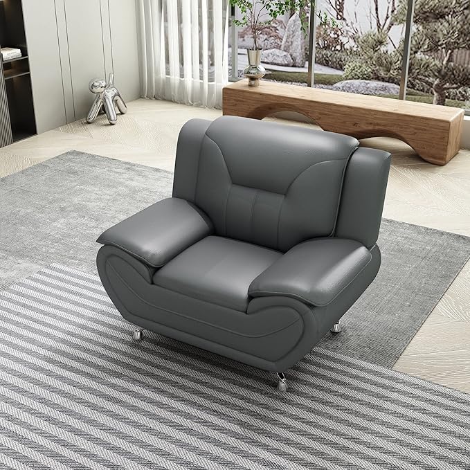 Container Furniture Direct Michael Modern Faux Leather Upholstered Stainless Steel Legs Living Room Sofa, Loveseat, Gray
