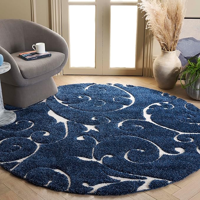 SAFAVIEH Florida Shag Collection Area Rug - 8' Round, Dark Blue & Cream, Scroll Design, Non-Shedding & Easy Care, 1.2-inch Thick Ideal for High Traffic Areas in Living Room, Bedroom (SG455-6511)