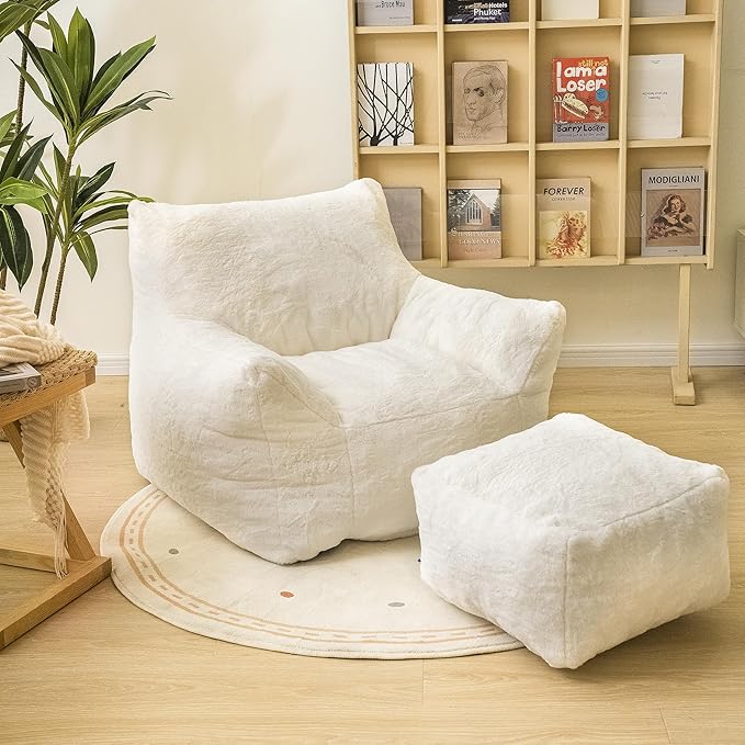 Bean Bag Chair with Ottoman, Armrest Bean Bag Chairs with Filler, Ultra Soft Fluffy Faux Fur Bean Bag Chair with Foot Rest, Plush Lazy Sofa with Foot Stool for Living Room, Dorm