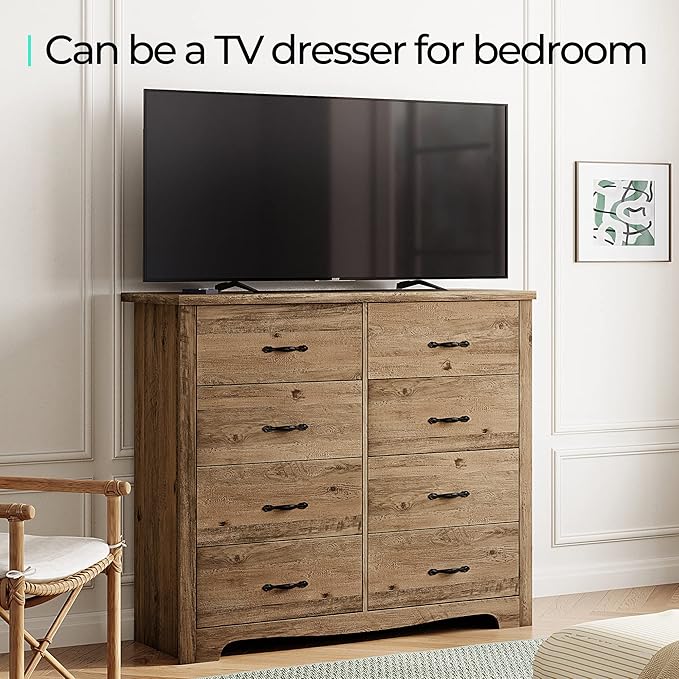LINSY HOME 8-Drawer Dresser - Modern Bedroom Chest with Wide Drawers, Wood Storage Organizer for Bedroom or Living Room, Brown