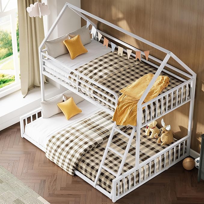 LIKIMIO Bunk Bed Twin Over Full Size, House Bunk Bed Frame with Ladder and Guardrail, House Shaped with Metal Slats Support No Box Spring Needed Space Saving for Bedroom and Dorm, White