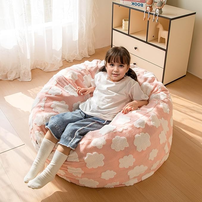 MAXYOYO Bean Bag Chair for Kids, Cloud Pattern Lazy Chair with High-Density Foam Filling, Stuffed Floor Sofa Couch for Boys and Girls, Child Floor Sofa for Gaming, Reading, Pink