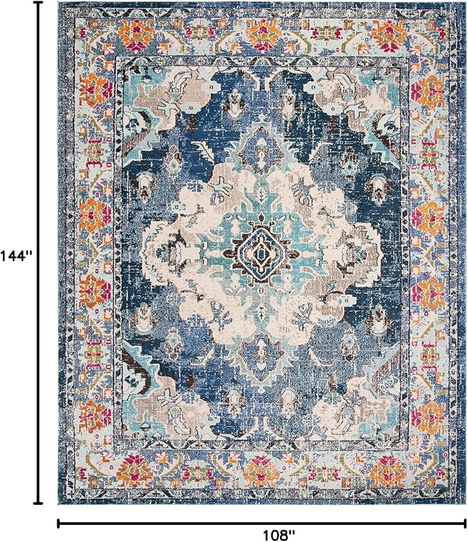 SAFAVIEH Monaco Collection Area Rug - 9' x 12', Navy & Light Blue, Boho Chic Medallion Distressed Design, Non-Shedding & Easy Care, Ideal for High Traffic Areas in Living Room, Bedroom (MNC243N)