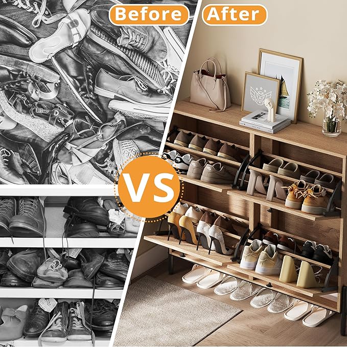 IRONCK Rattan Shoe Cabinet Storage with 4 Flip Drawers, Freestanding Shoe Storage Organizer Cabinet for Entryway, Narrow Shoe Rack Cabinet, Oak