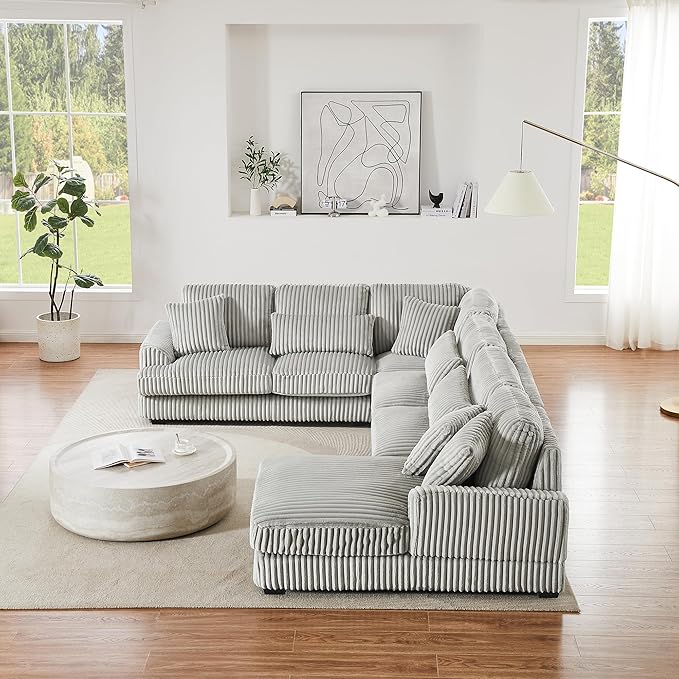 129" Oversized U Shaped Modular Sectional Sofa Couch for Living Room 7 Seater Plush Corduroy Upholstered Large Sofa Deep Seat Cloud Couch with Extra Wide Chaise Lounge and Detachable Thick Cushions