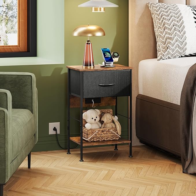 WLIVE Nightstand with Charging Station, Night Stand with 1 Fabric Drawer and Open Shelf, 25" H Bed Side Table for Bedroom, End Table, Small Dresser for Dorm, Entryway, Black and Rustic Brown