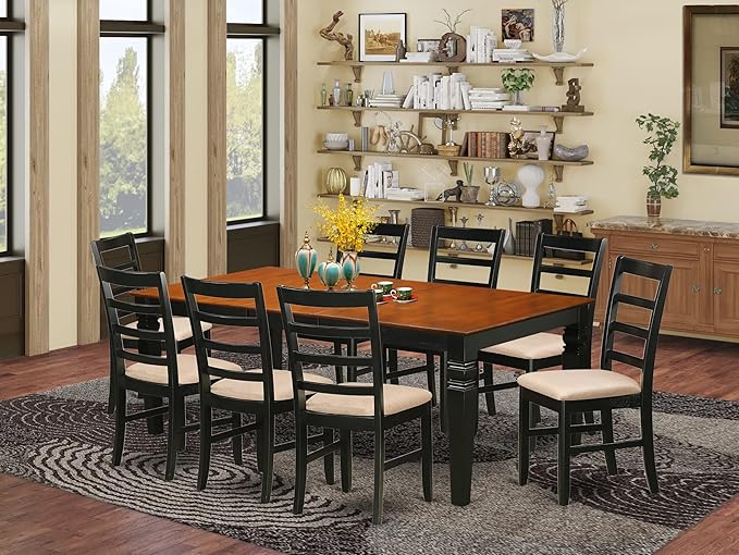 East West Furniture LGPF9-BCH-C 9 Piece Dining Table Set Includes a Rectangle Dining Room Table with Butterfly Leaf and 8 Linen Fabric Upholstered Chairs, 42x84 Inch, Black & Cherry