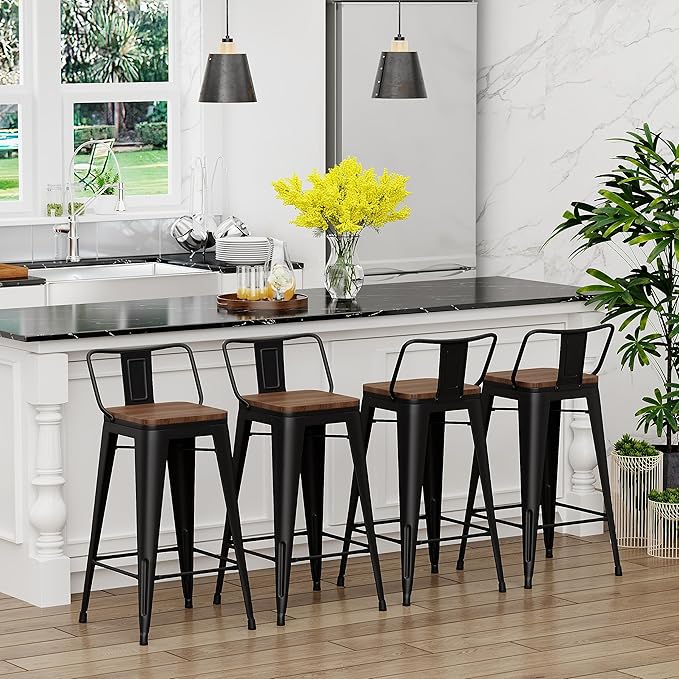Yongchuang 30 inch Bar Stools Set of 4 Bar Height Metal Barstools with Wood Seat Low Back Kitchen Bar Chairs Matte Black