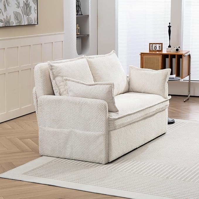 Furnimart 59.5" Queen Size Pull Out Sofa Bed, 3 in 1 Convertible Sleeper Bed with USB/C-Type Charging Ports & Side Pockets, Modern Futon Couch for Living Room, Apartment, RV, Corduroy White