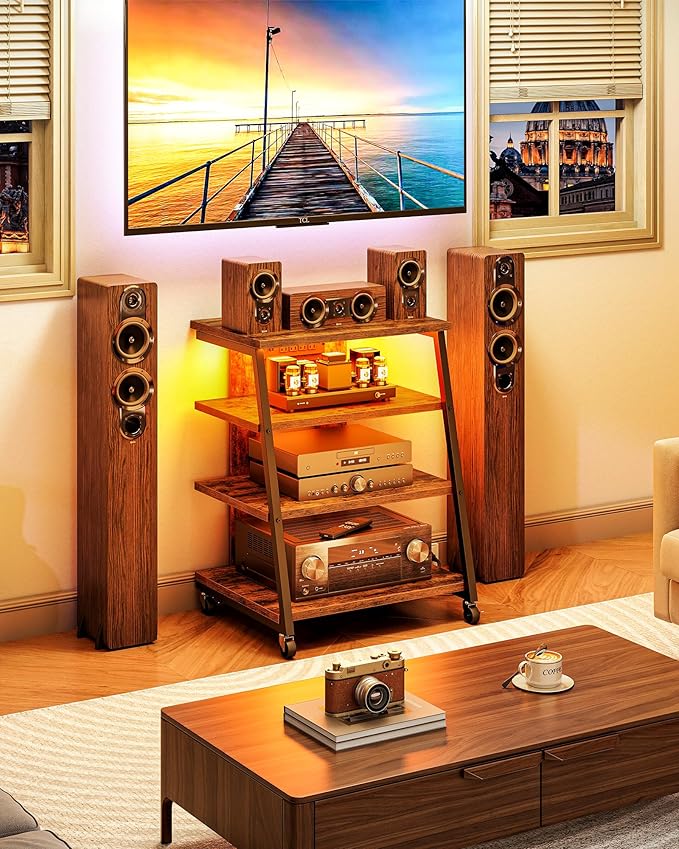 4-Tier AV Media Stand with Wheels, Stereo Stands, Media Console Shelf with Power Strips, LED Lights, Wooden Audio Cabinet Rack Tower, Rustic Brown and Black TCJ60UDBF