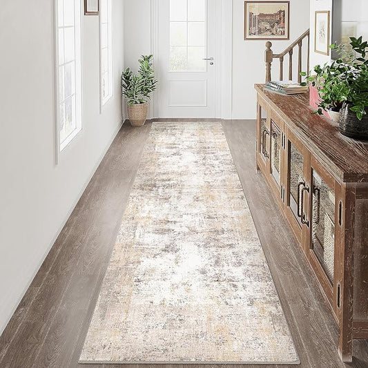 3x12 Washable Runner Rug Beige Grey Neutral Abstract Hallway Kitchen Living Room Bedroom Non Slip Throw Rug Soft Low Pile Indoor Carpet for Entrance Laundry Bathroom