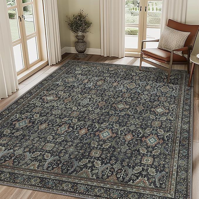 10X14 Area Rugs Machine Washable Rugs for Living Room, Vintage Boho Large Rugs for Bedroom Dining Room, Non Slip Indoor Soft Distressed Lightweight Thin Low Pile Carpet, Black