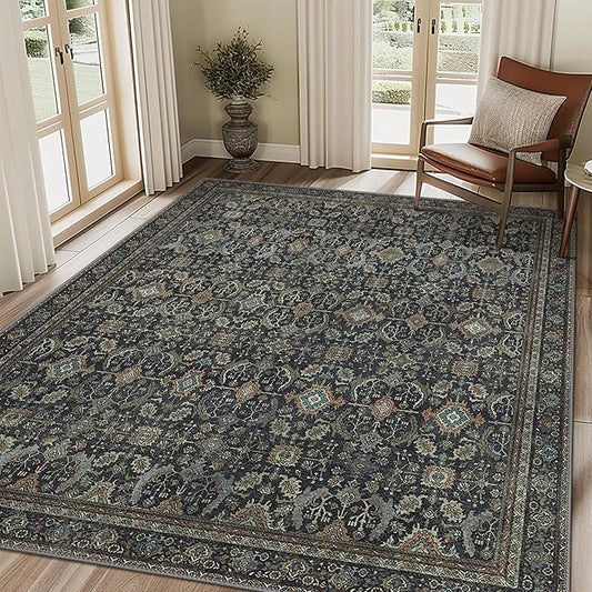 9X12 Area Rugs Machine Washable Rugs for Living Room, Vintage Boho Large Rugs for Bedroom Dining Room, Non Slip Indoor Soft Distressed Lightweight Thin Low Pile Carpet, Black